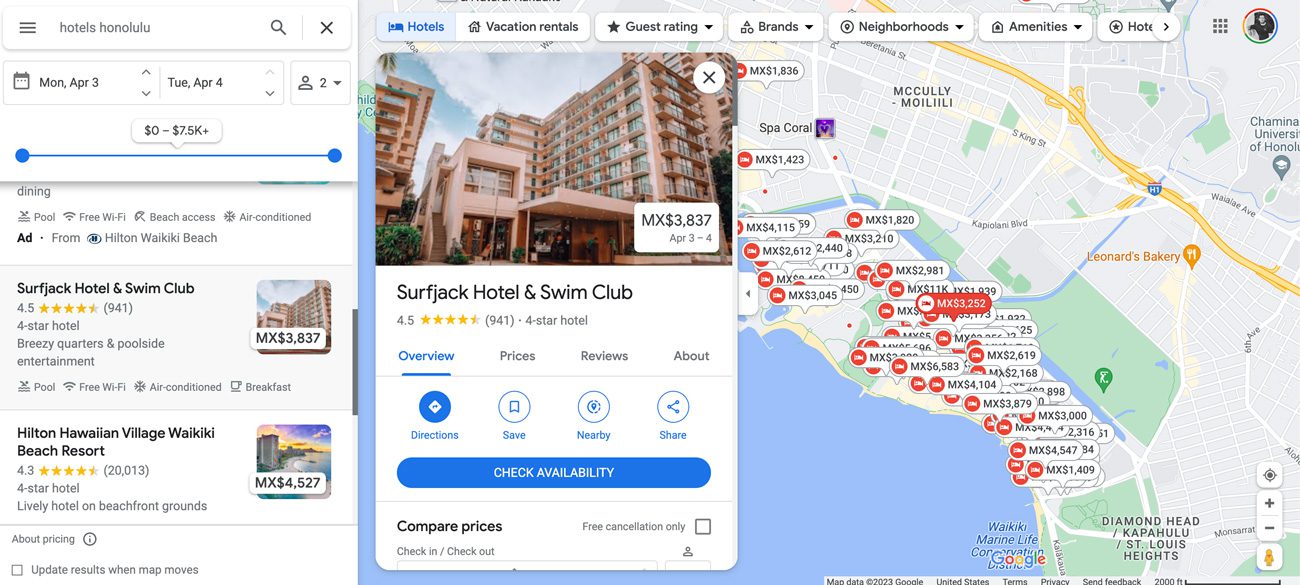 The SurfJack Hotel & Swim Club Google Business Profile showing the number one organic map position for the google search 'hotels honolulu'